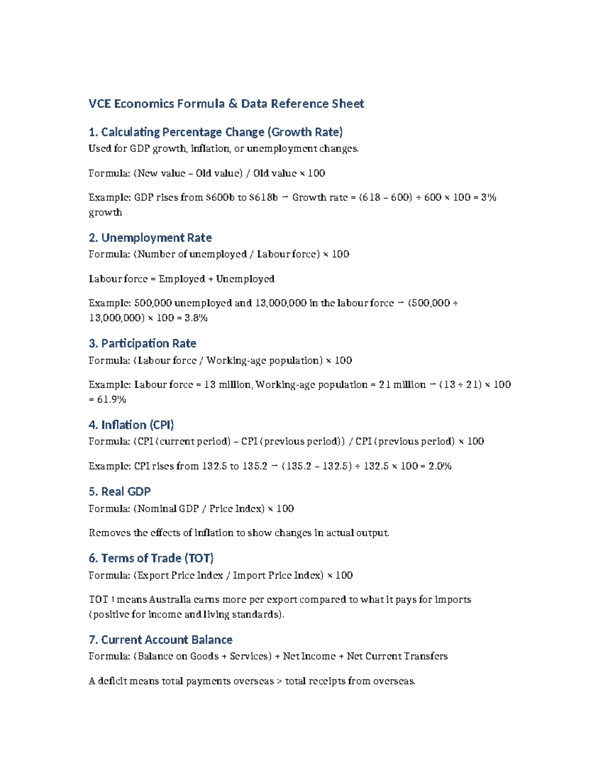 VCE Economics Formula Data Reference Sheet: Key Calculations - Studocu