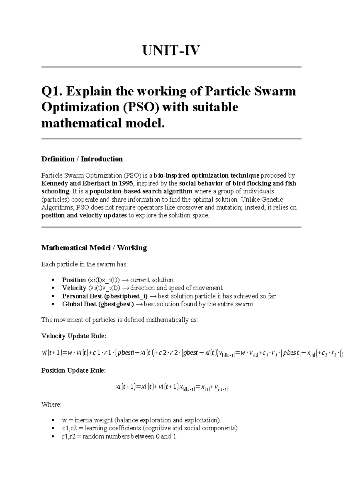 NIC Unit 4 - Detailed Study on Particle Swarm Optimization (PSO) - Studocu