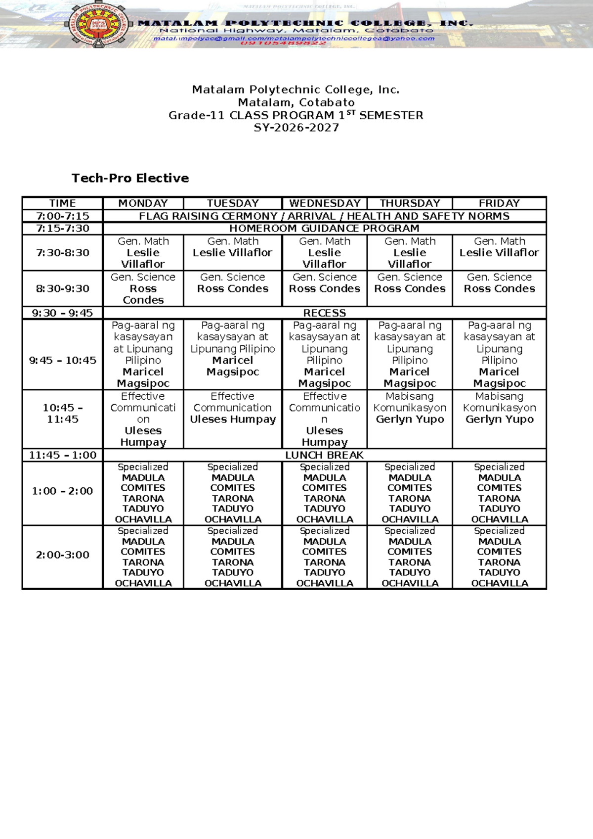 Grade-11 1st Semester Class Program SY-2026-2027 (Tech-Pro) - Studocu