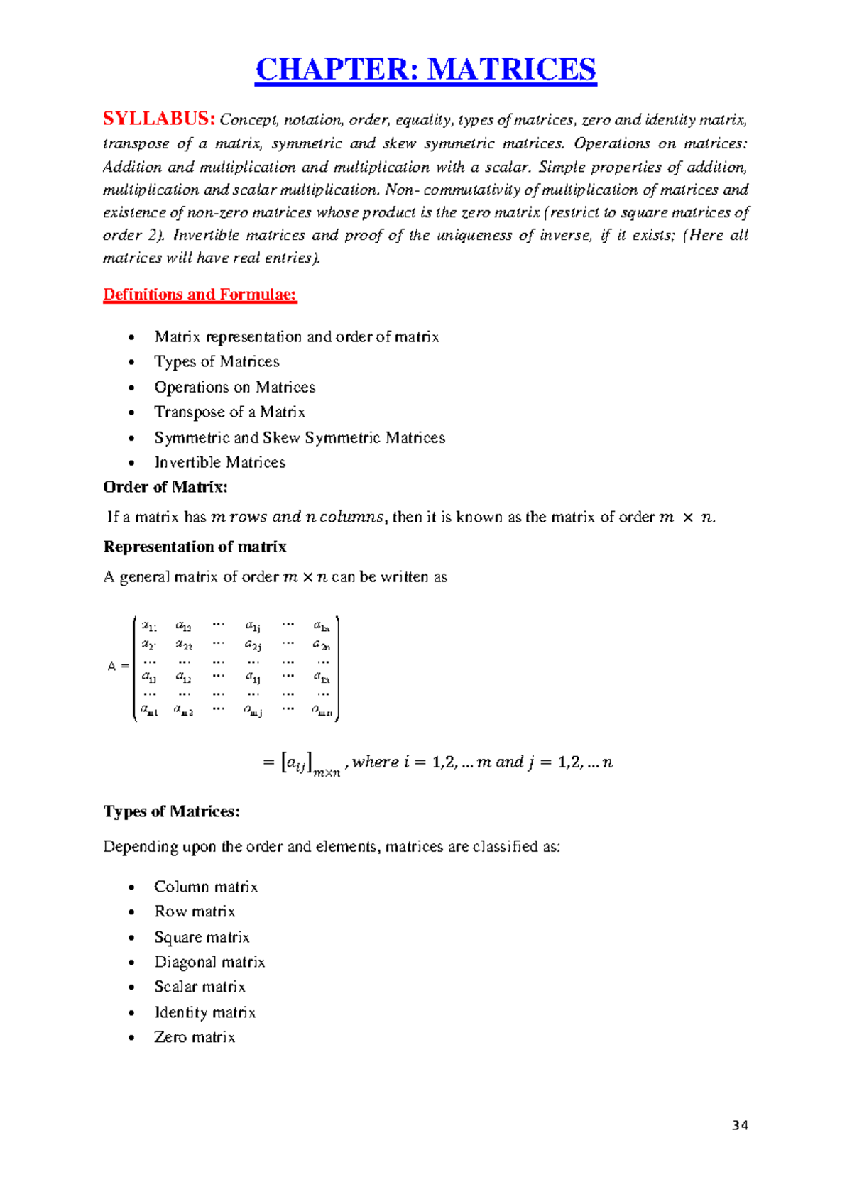Matrices ch -3 (Concepts) - CHAPTER: MATRICES SYLLABUS: Concept ...