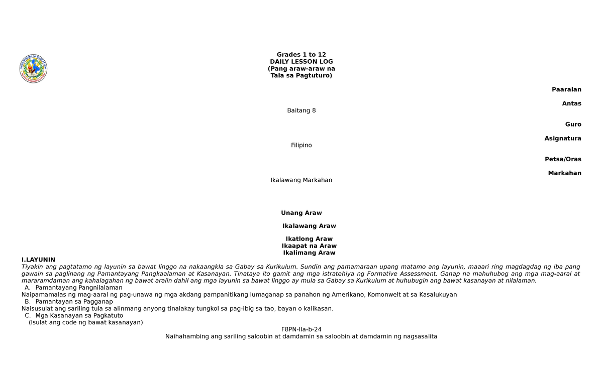 2.1 tula - Lesson plan - Grades 1 to 12 DAILY LESSON LOG (Pang araw ...
