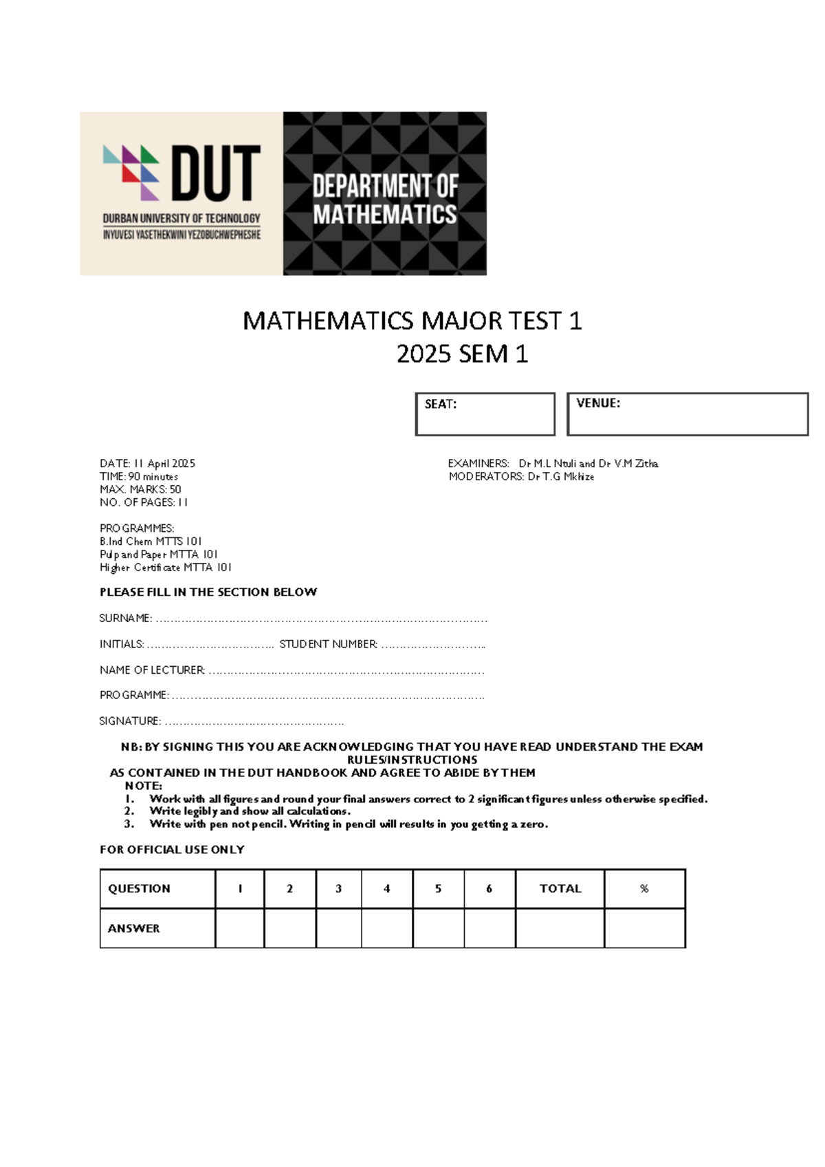 Mathematics Major Test 1 2025 Sem 1 - Exam Details and Questions - Studocu