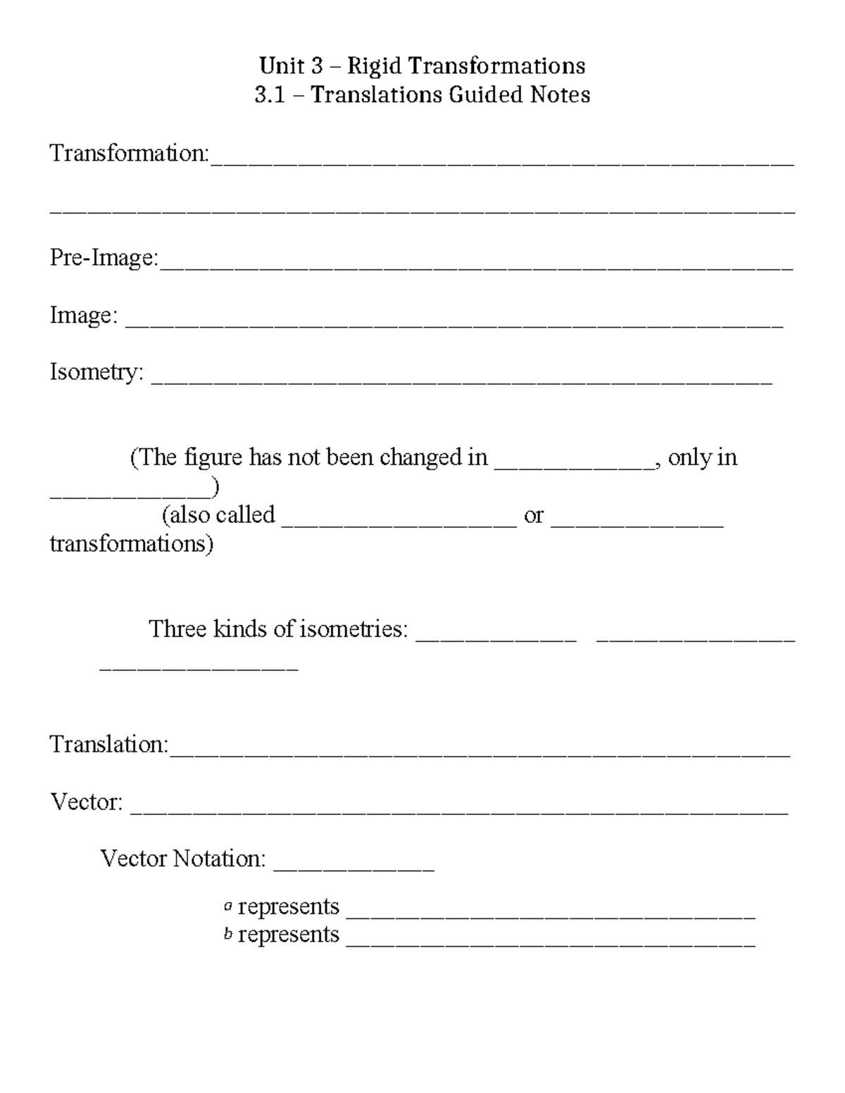 3.1 Translations Guided Notes - Unit 3 – Rigid Transformations 3 ...