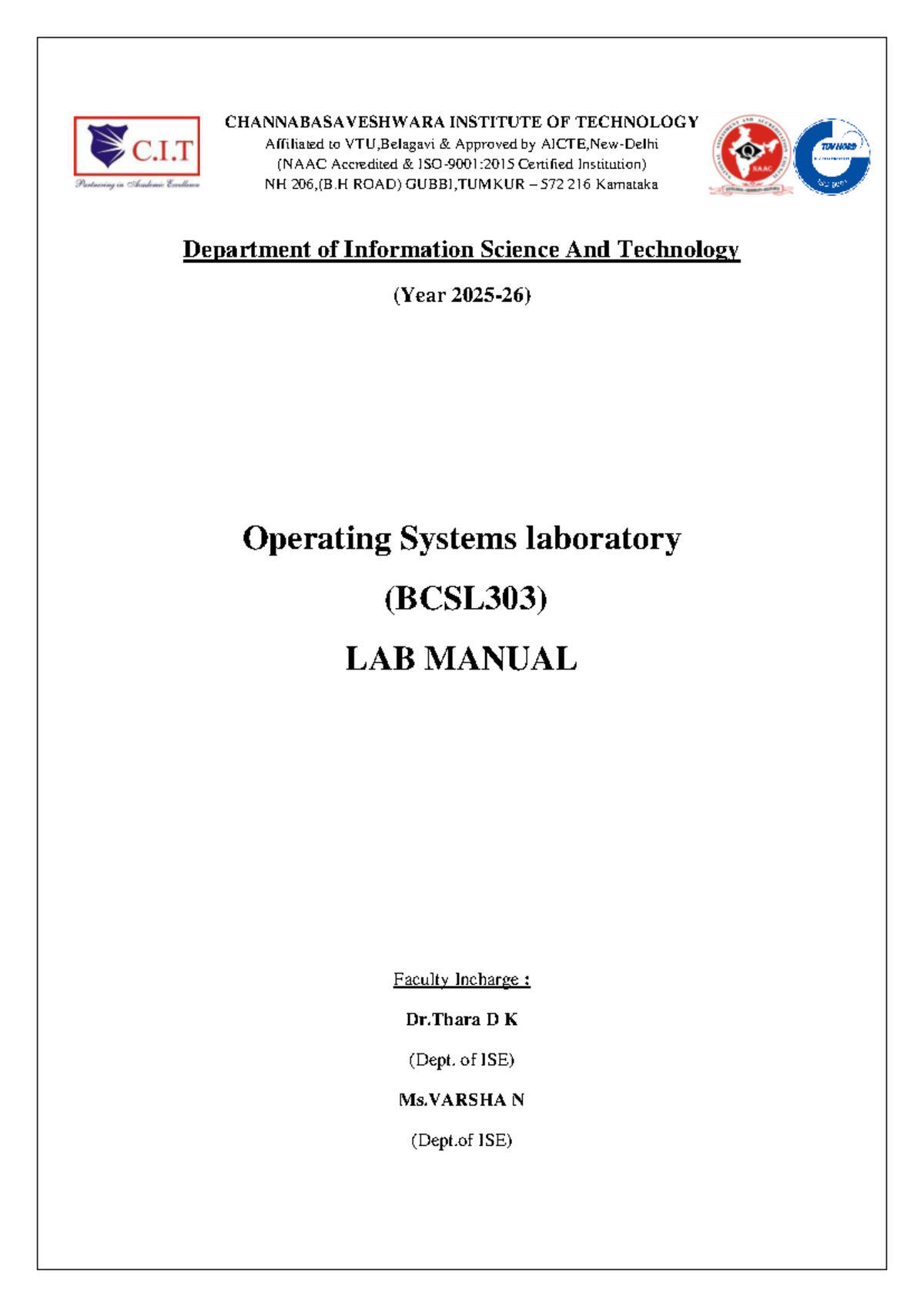 Operating Systems Lab Manual (BCSL303) - 3rd Semester Guide - Studocu