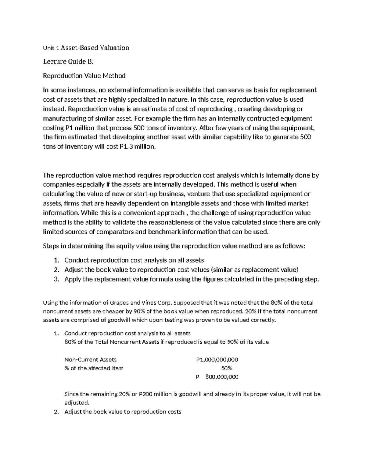Unit 1 Valuation Lecture Guide B: Reproduction Value Method - Studocu