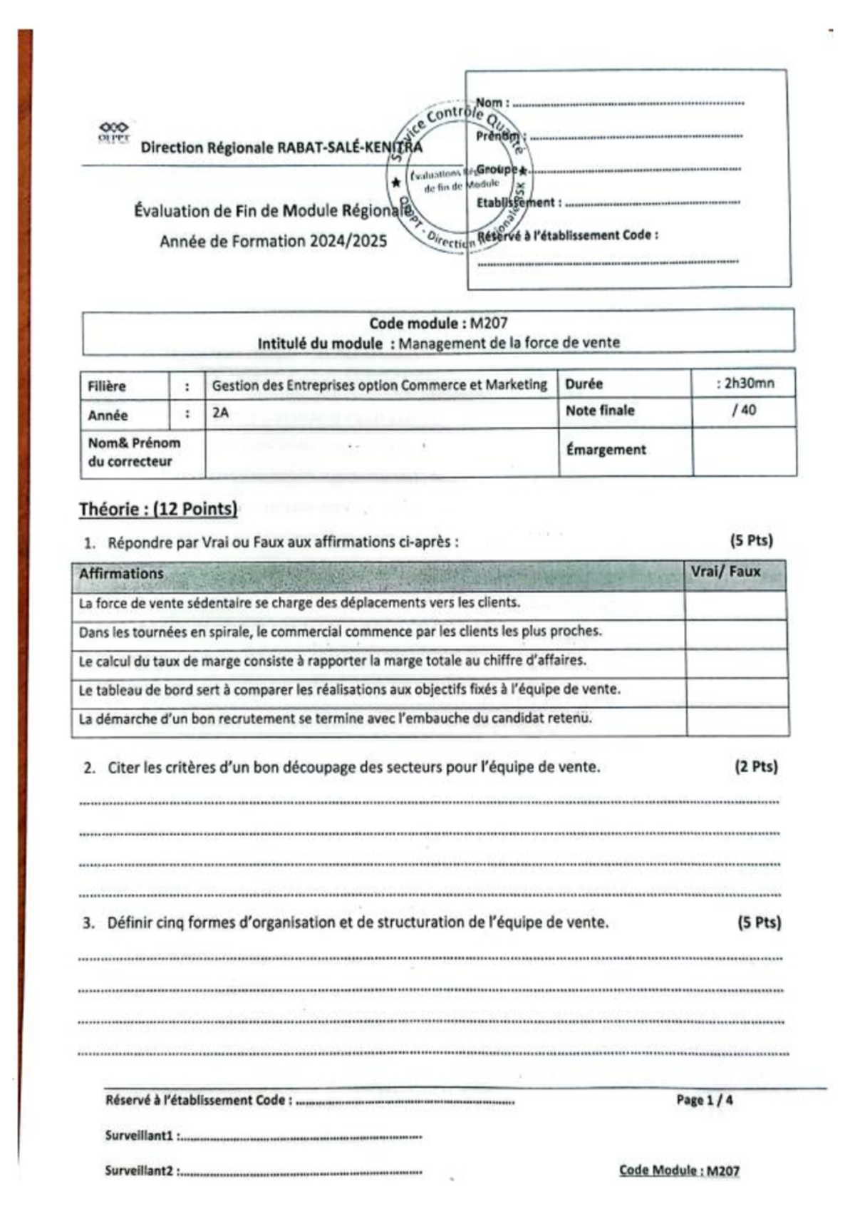 Évaluation de Fin de Module M207 : Management de la Force de Vente ...