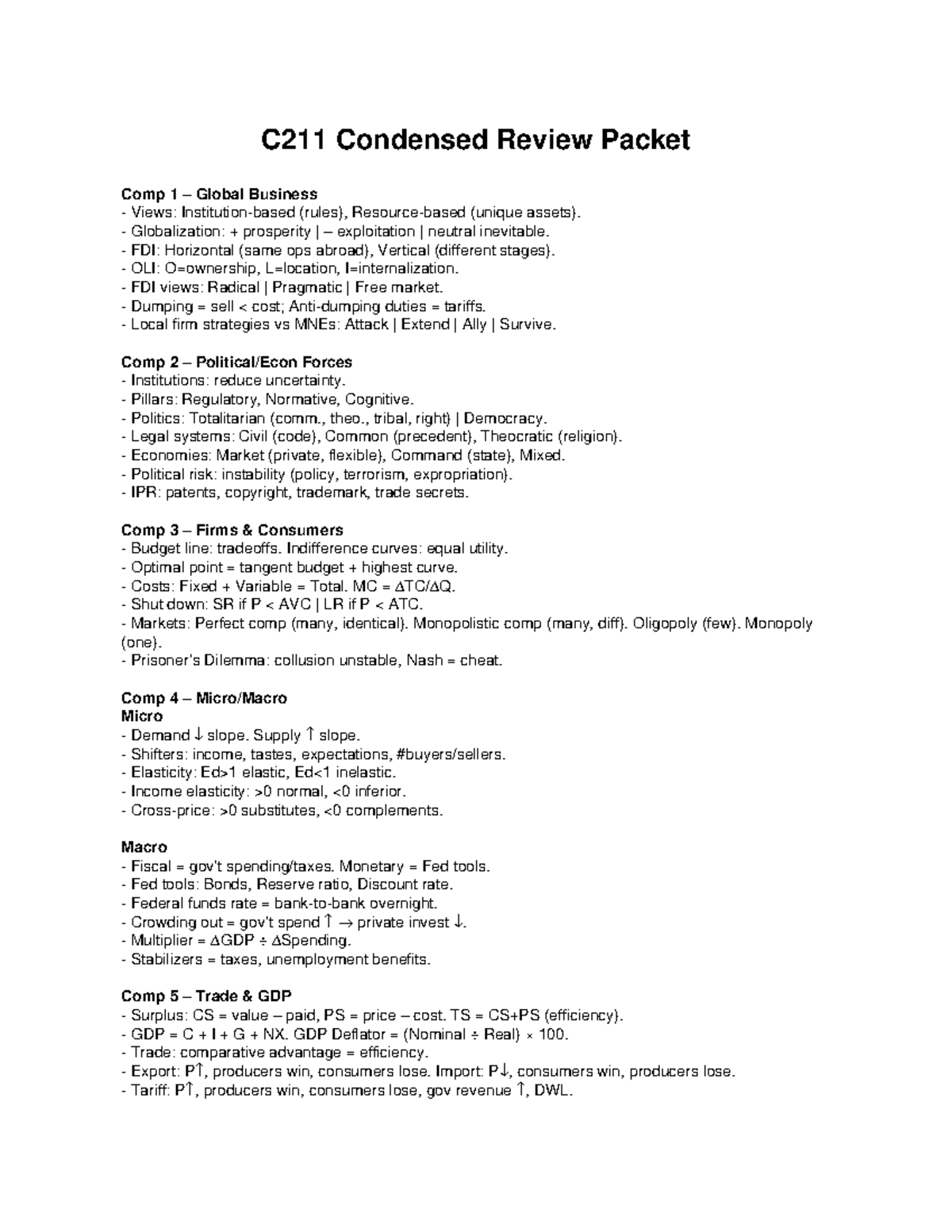 C211 Final Exam Review: Global Business Concepts & Economic Theories ...