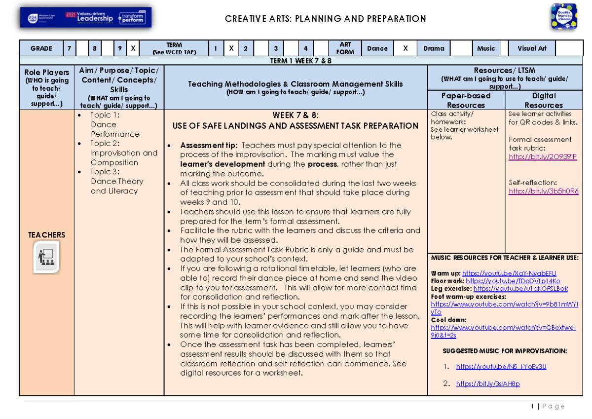 Lesson Plan Gr 9 Creative Arts Dance T1 W7-8: Performance & Assessment ...