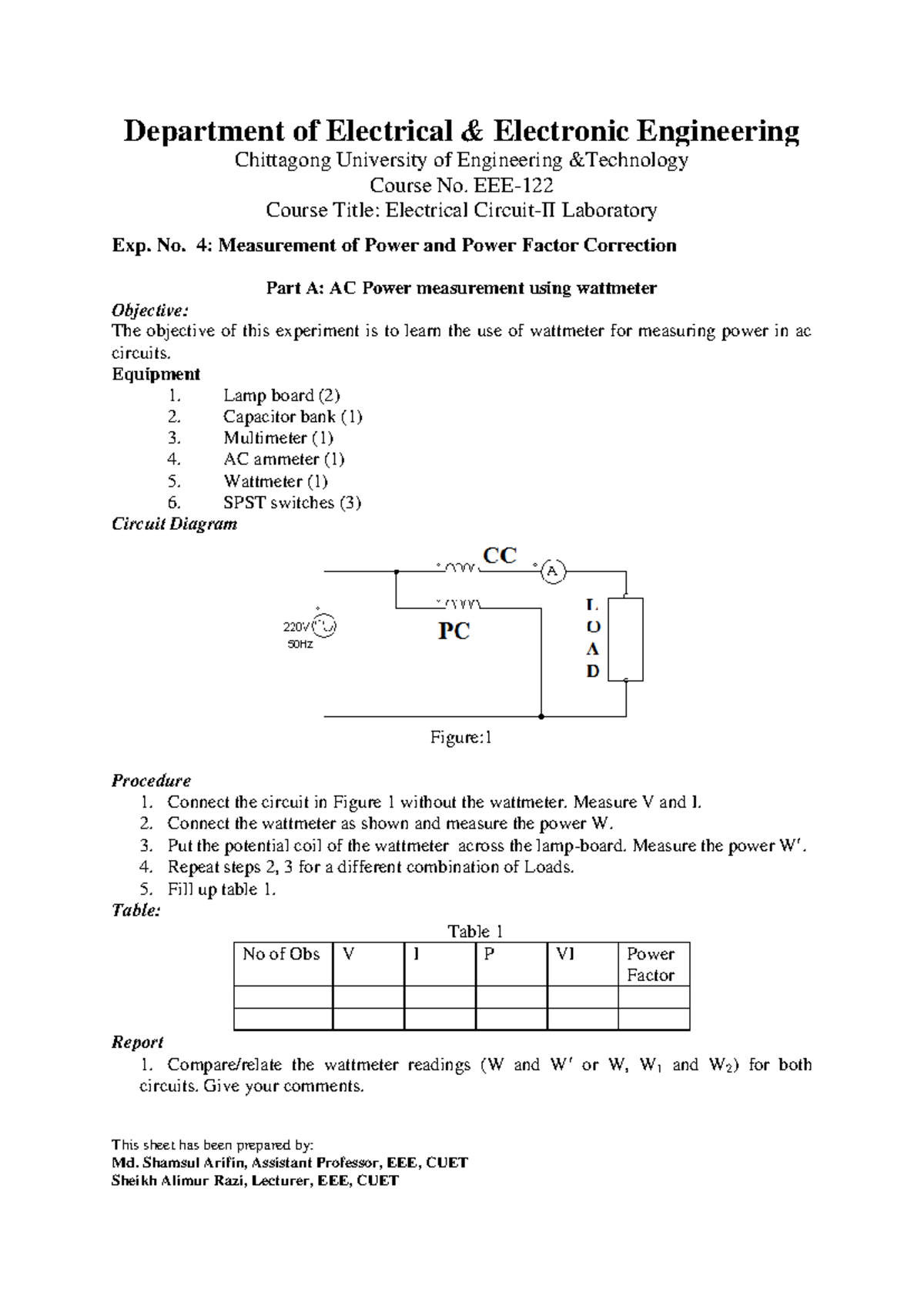 EEE 122 Lab Exp. 4: AC Power Measurement Using Wattmeter - Studocu