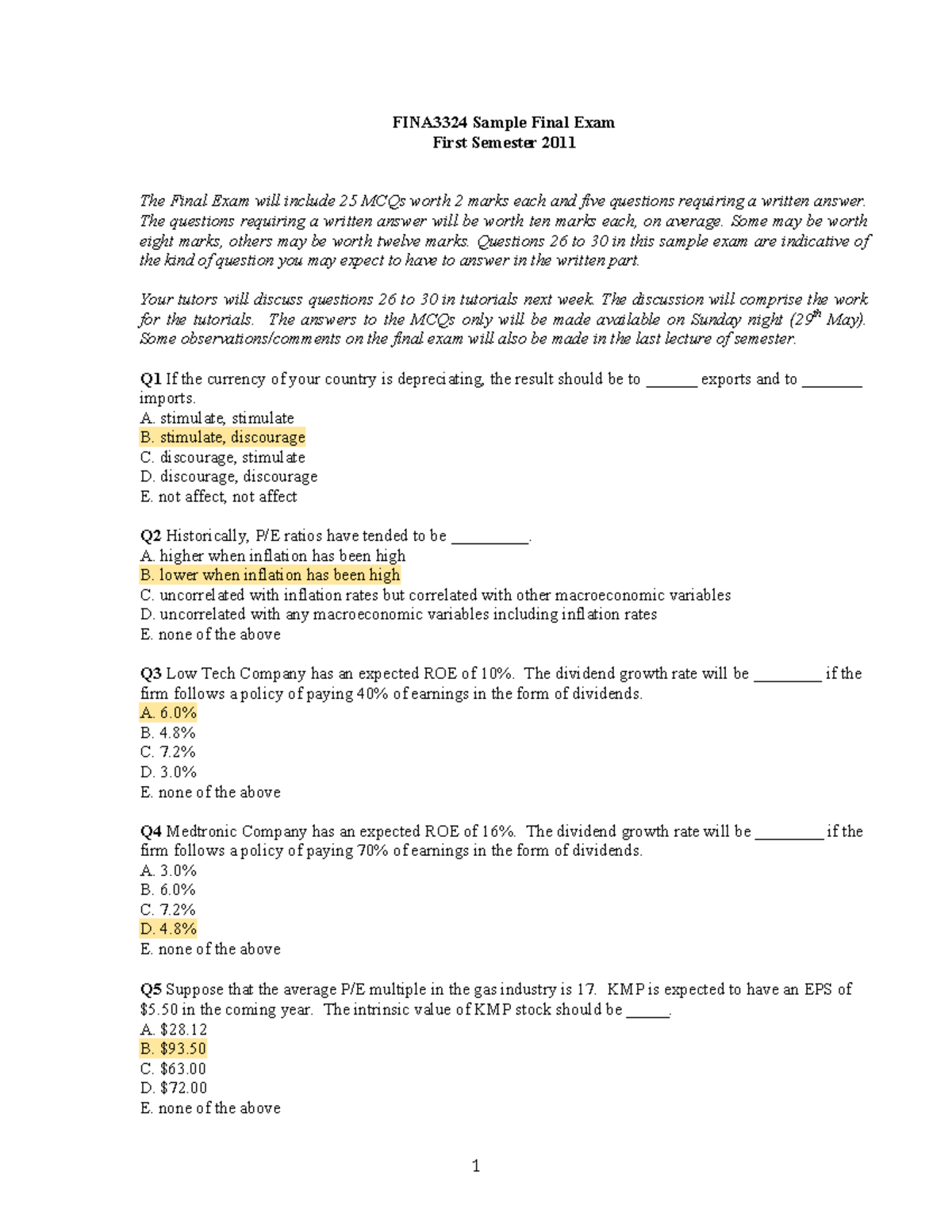 Sample/practice exam 2011, questions and answers - FINA3324 Sample ...
