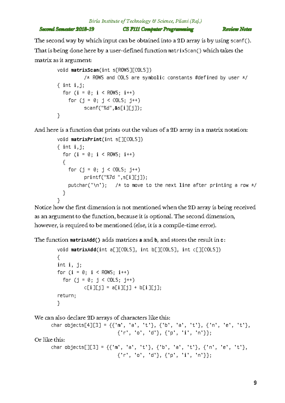 CS Second Sem CP Review Notes - 2D Arrays & Functions Practice - Studocu