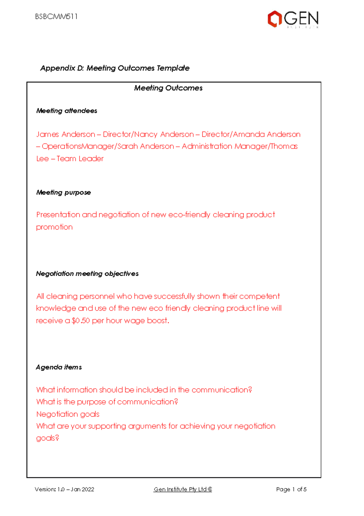 D Answer Bsbcmm 511 Appendix D Meeting Outcomes Template - Appendix D ...