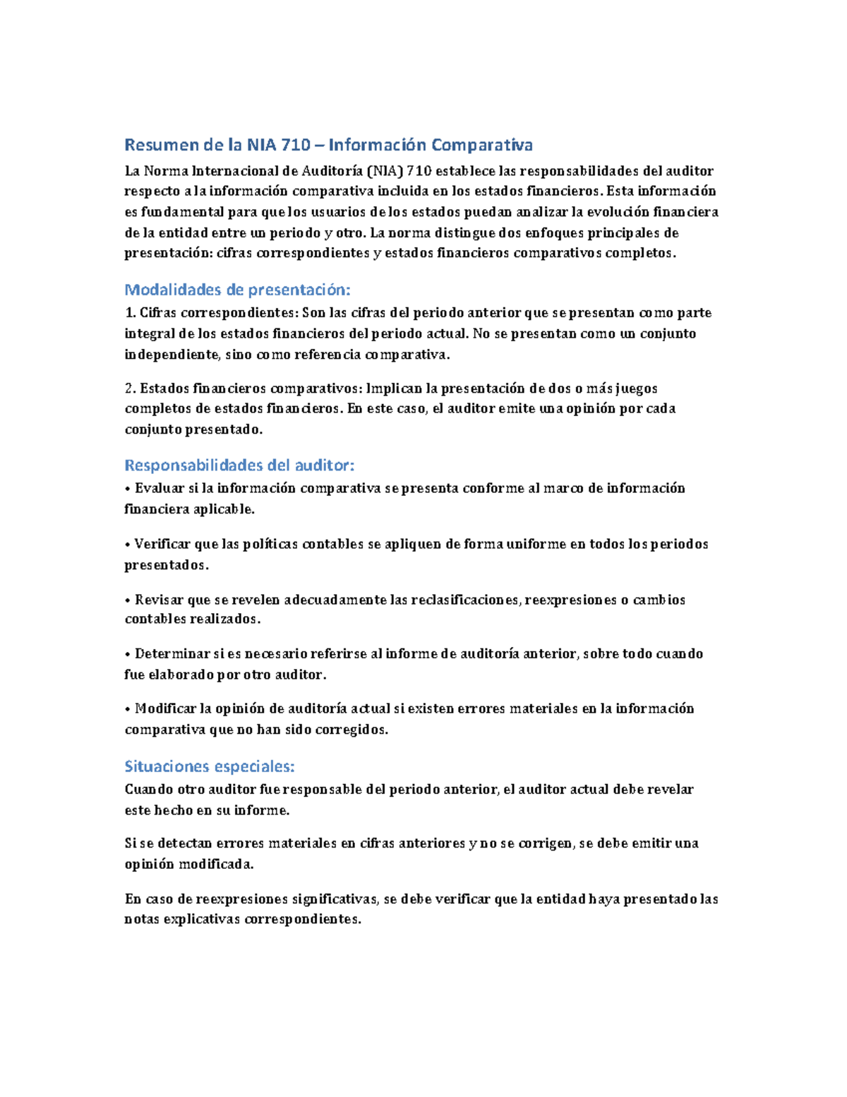 Resumen Ampliado de la NIA 710 sobre Información Comparativa - Studocu