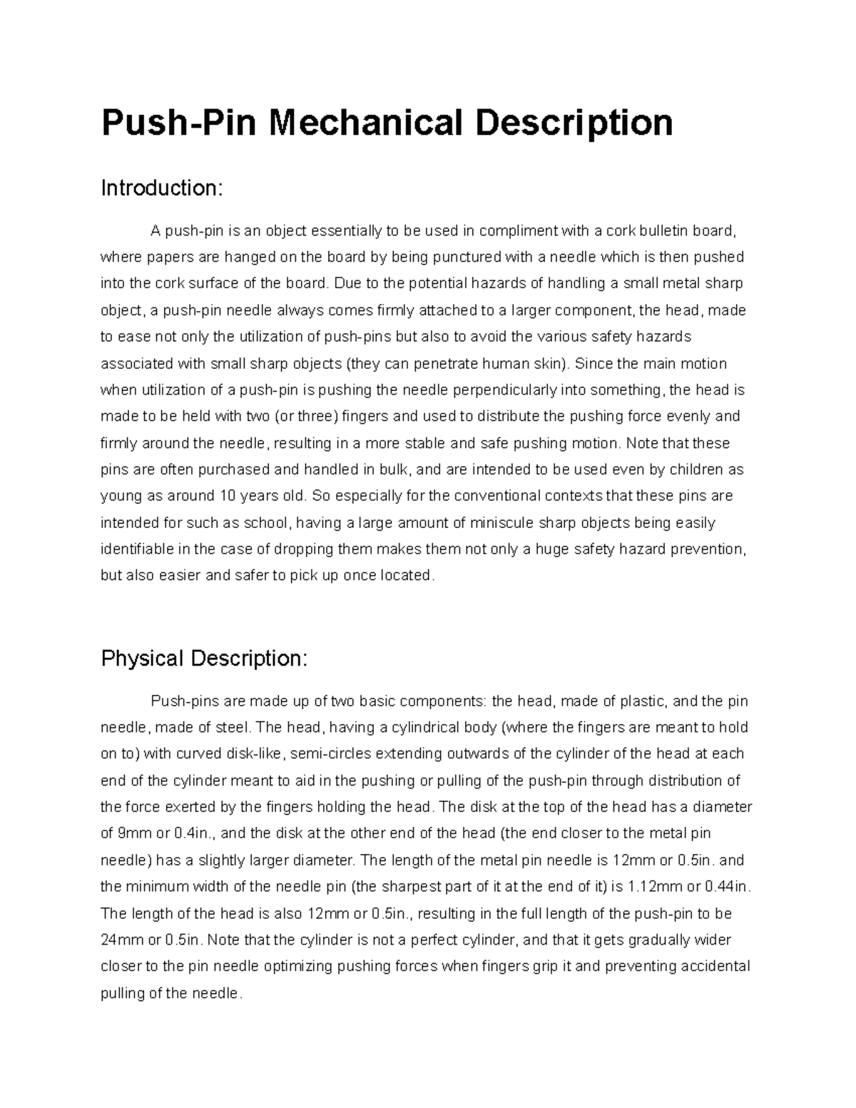 Push-Pin Mechanical Description Overview and Detailed Analysis - Studocu