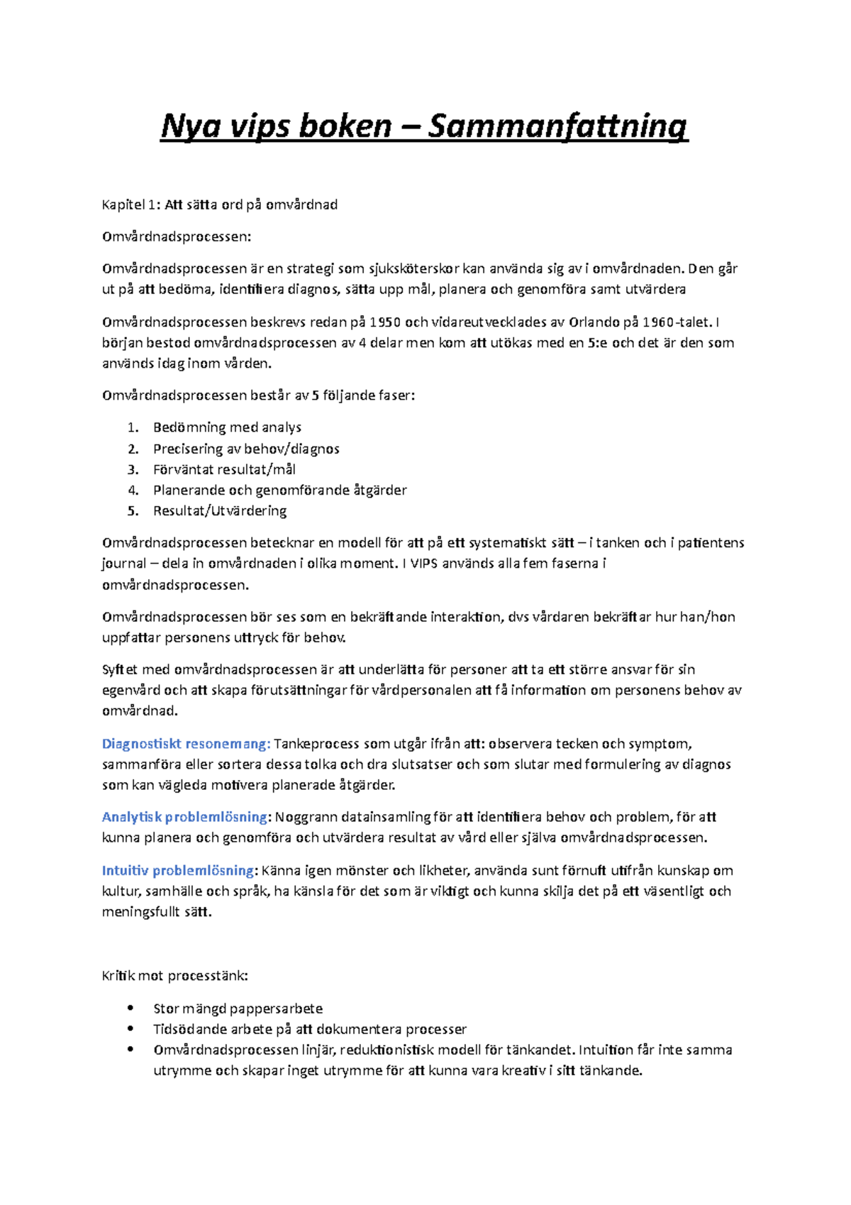 VAE 204 - Sammanfattning av Nya VIPS Boken och Omvårdnadsprocessen ...
