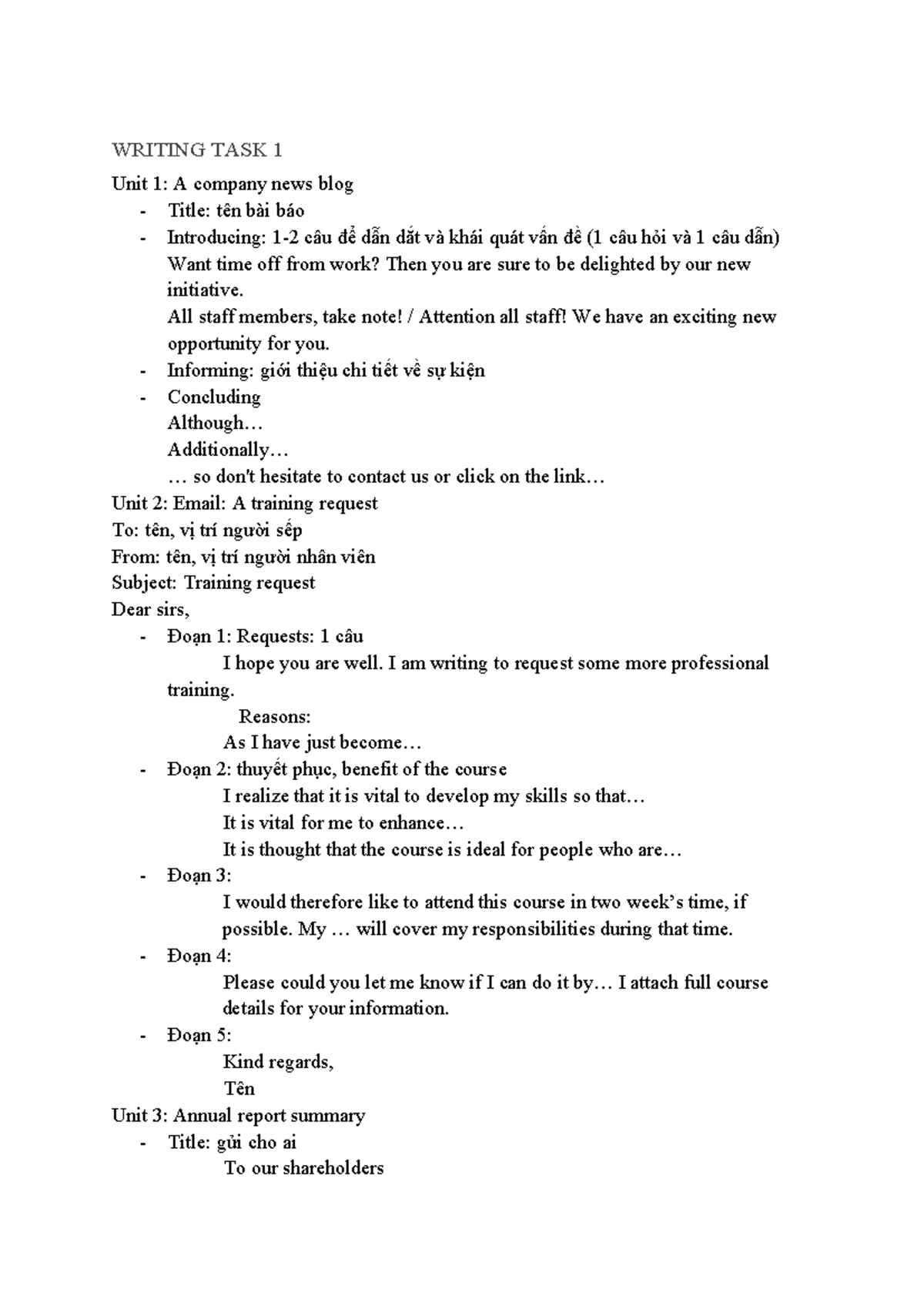 Ôn tập Writing Task 1 - Cuối kì TATM 3 - Studocu