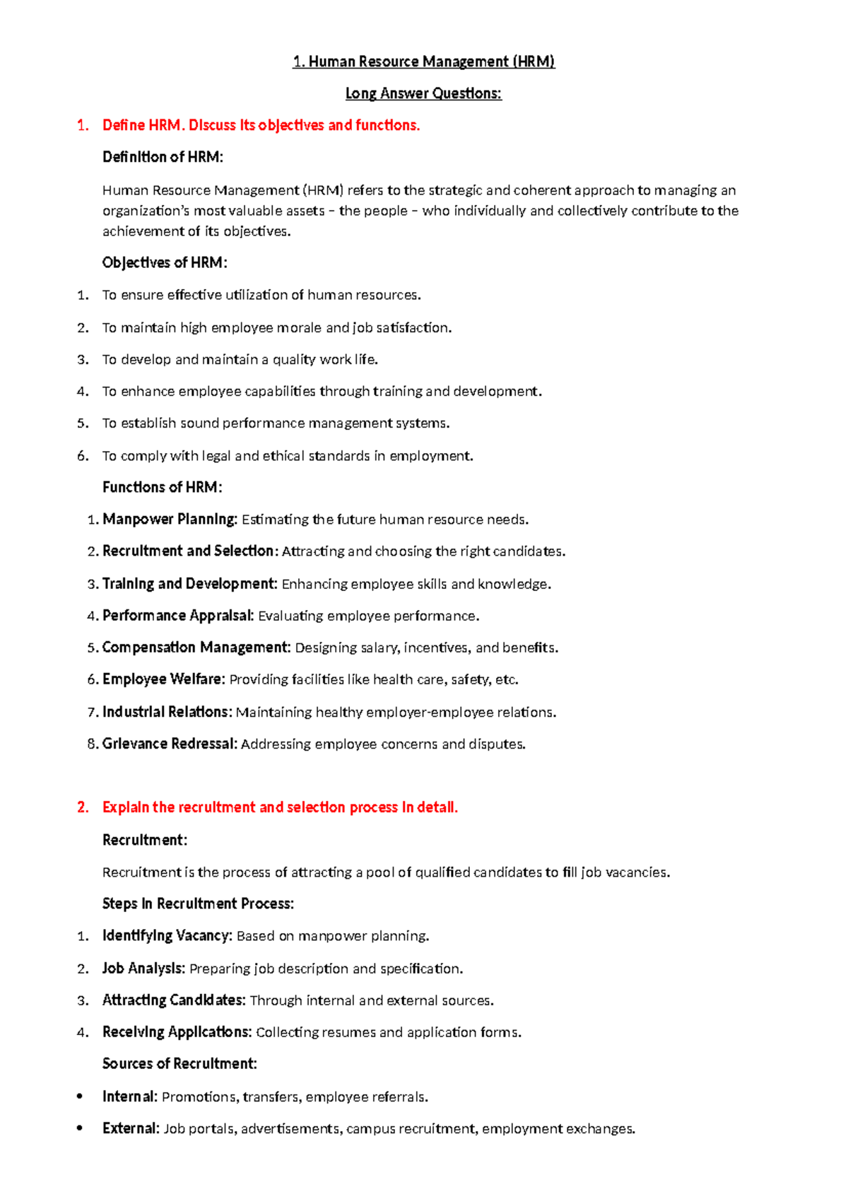 HRM 101: Long Answer Questions on Human Resource Management Concepts ...