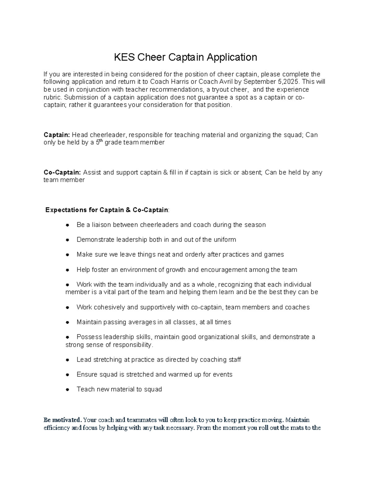 KES Cheer Captain Application Form and Guidelines - Studocu