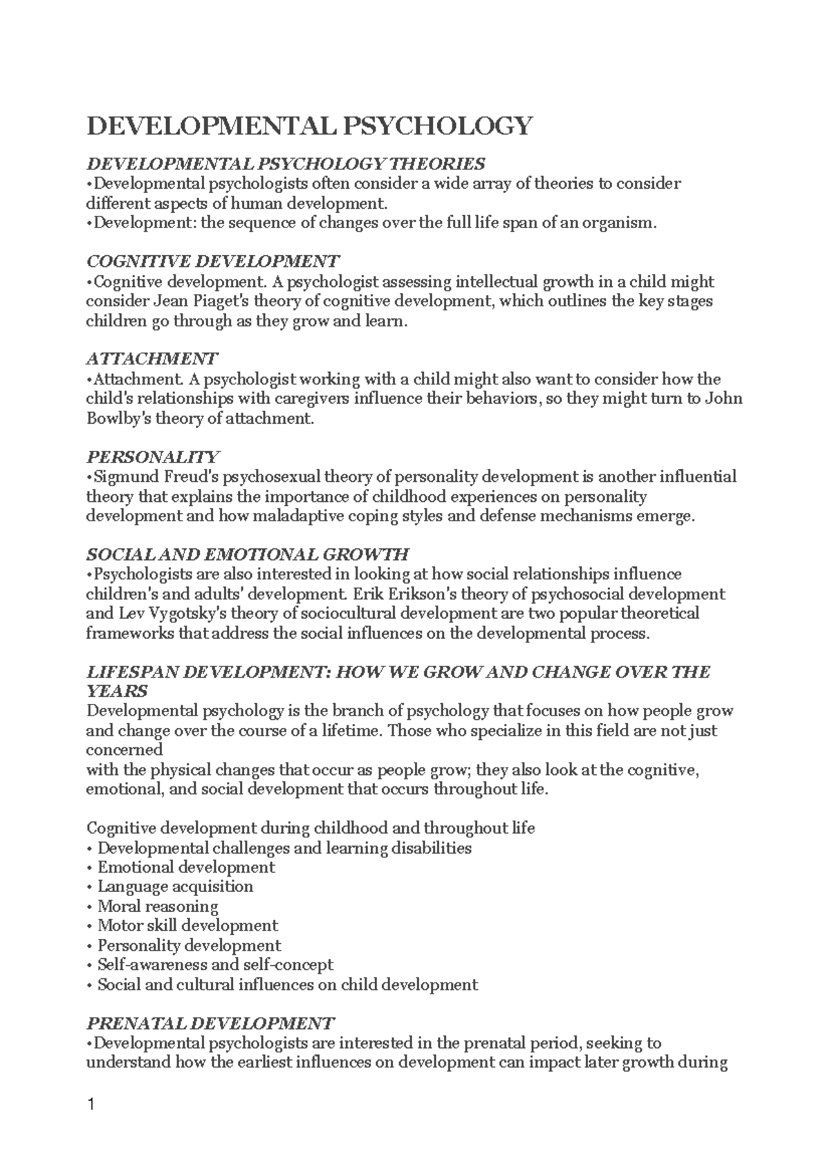 Developmental Psychology: Key Theories and Life Stages Overview - Studocu
