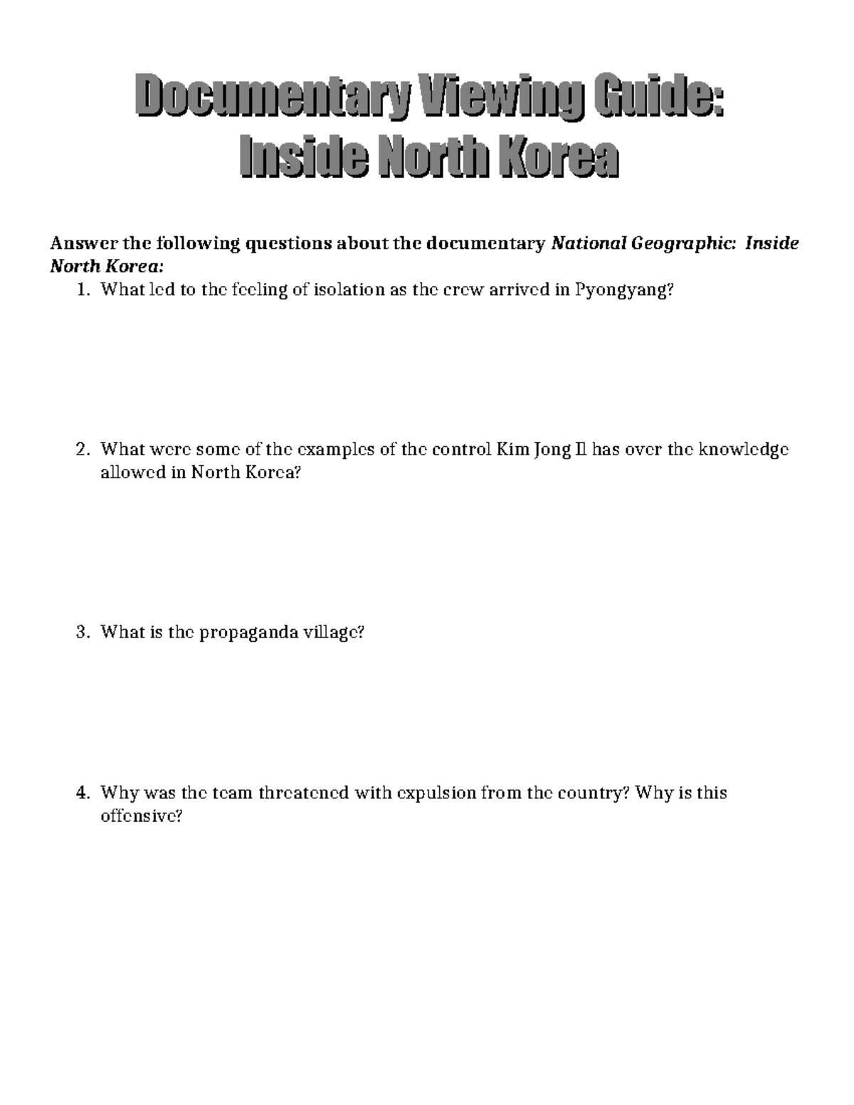 Documentary Viewing Guide: National Geographic Inside North Korea - Studocu