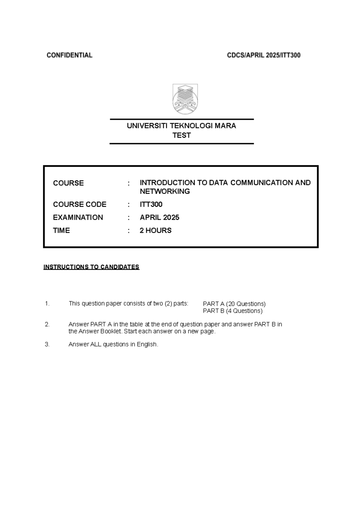 TEST ITT300 April 2025 - Final Exam on Data Communication & Networking ...