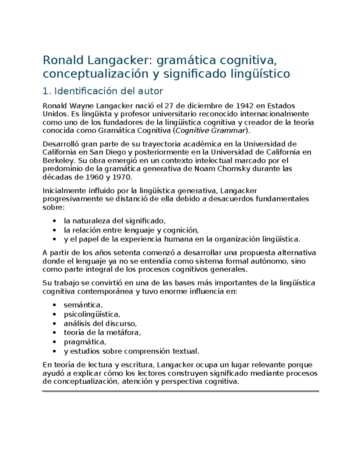 Ronald Langacker: Gramática Cognitiva y su Impacto Lingüístico - Studocu