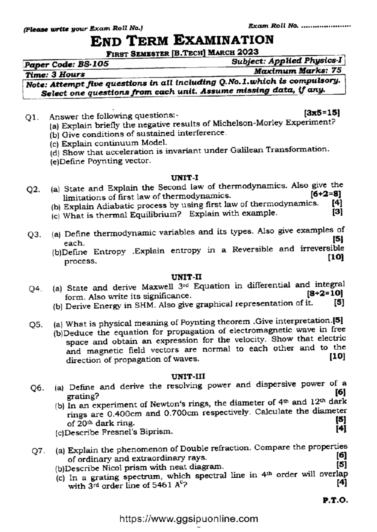 Applied Physics End Term Exam (March 2023) - Max Marks: 75 - Studocu