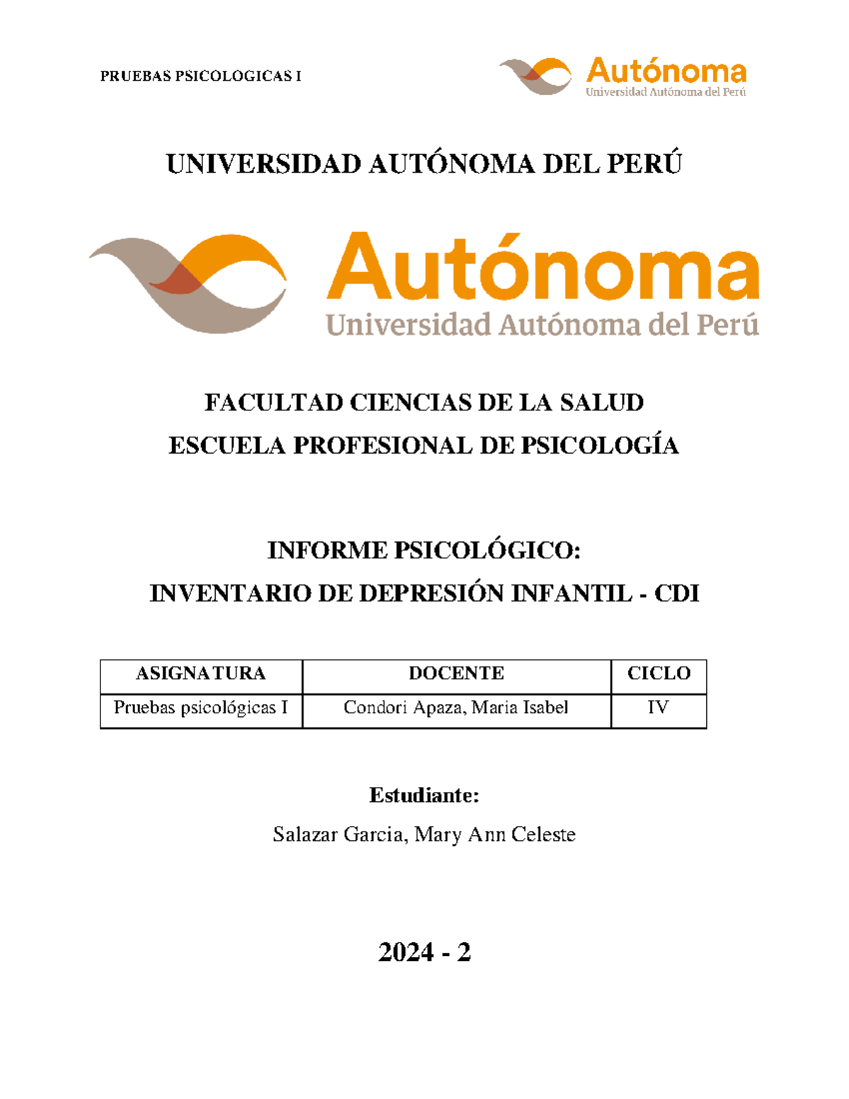 Informe Psicológico: Inventario de Depresión Infantil - CDI (Pruebas Psicológicas I) - Document Preview
