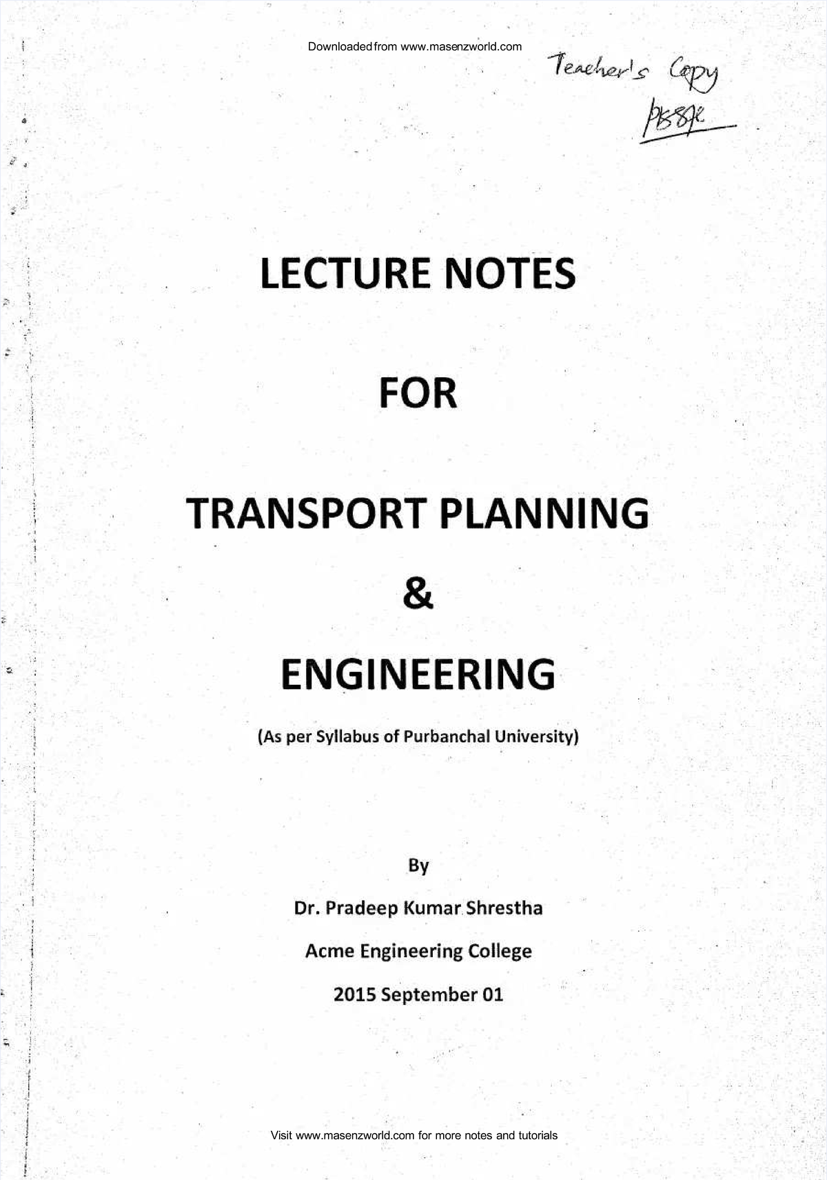 Transport Planning & Engineering Lecture Notes (PU) by Dr. Pradeep ...