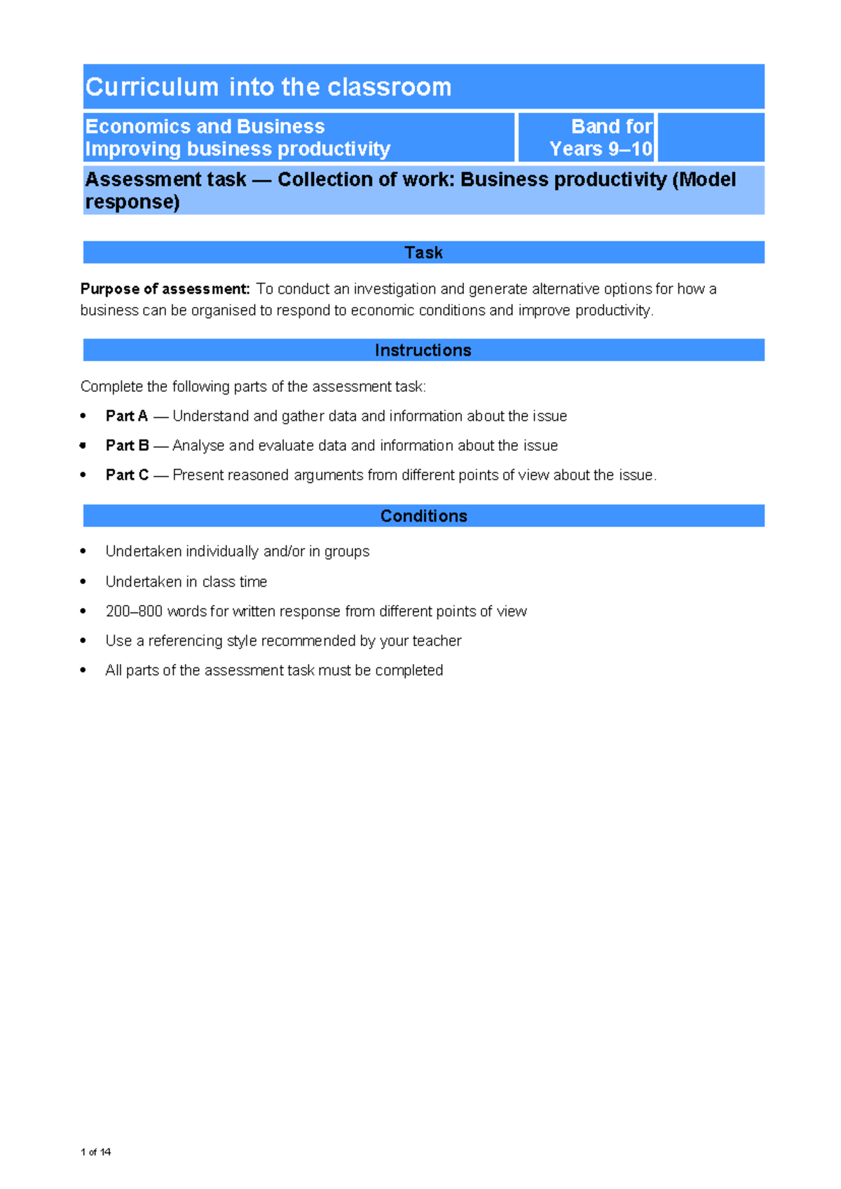 Improving Business Productivity: Assessment Task for Economics ...