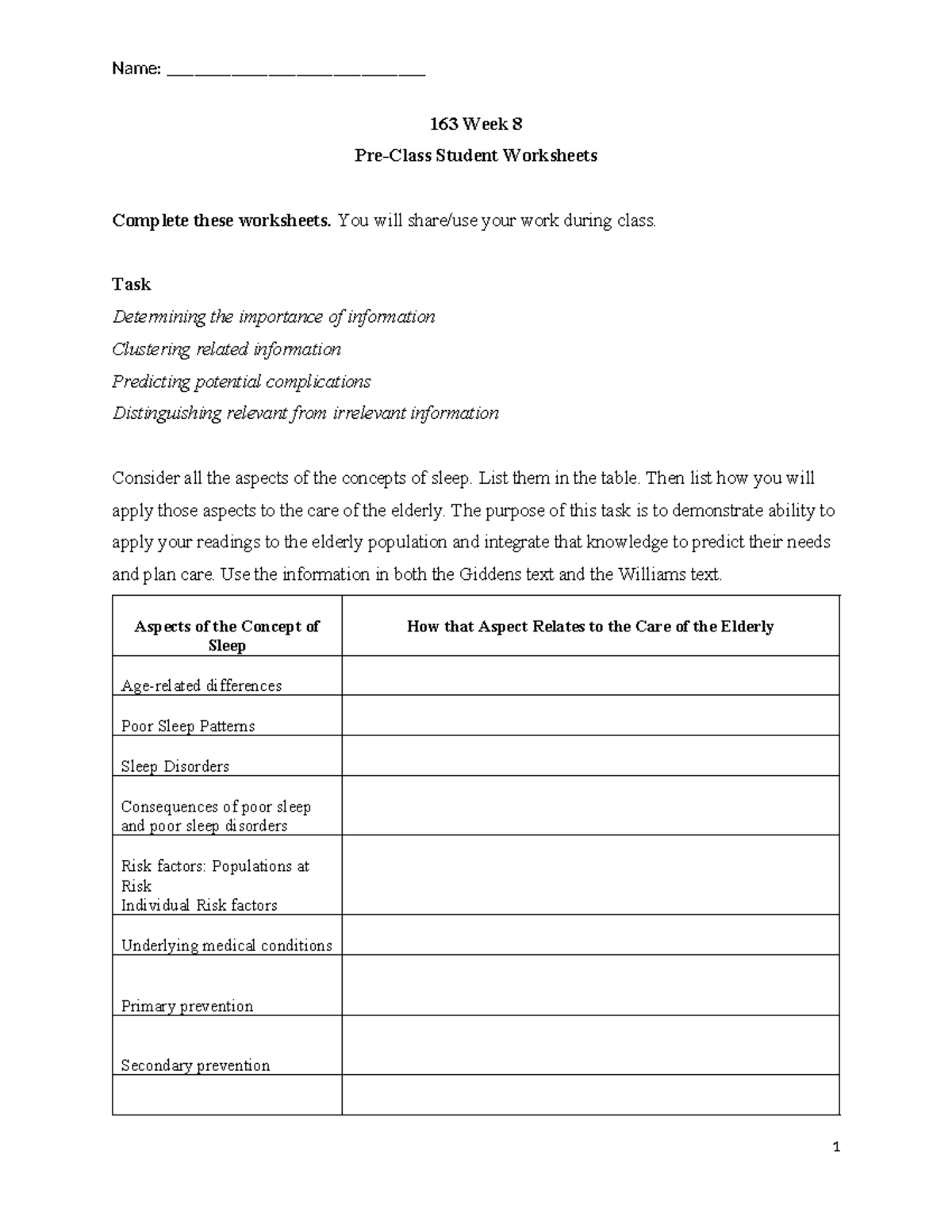 163 Pre-Class Assignment: Week 8 - Sleep & Fatigue in Elderly Care ...