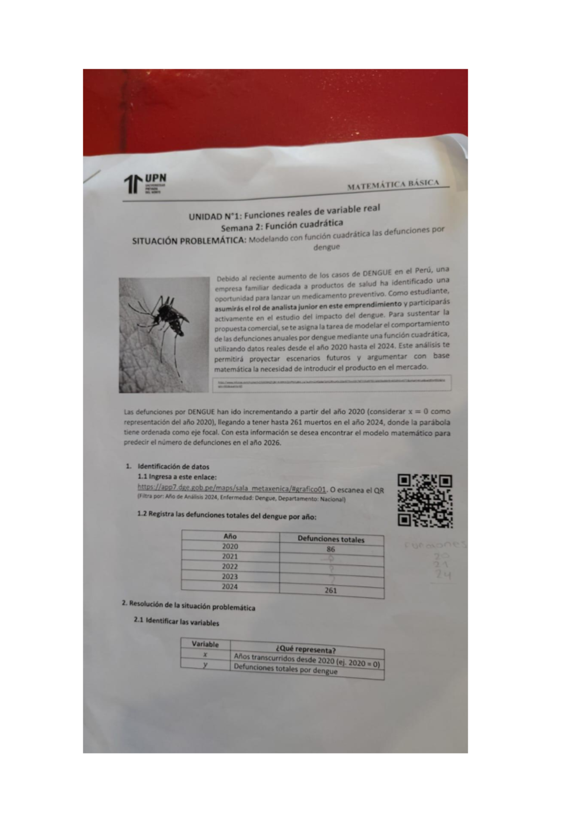 UPN MATEMÁTICA BÁSICA UNIDAD 2: Función Cuadrática y Dengue - Document Preview