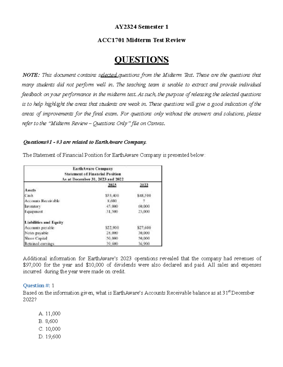 ACC1701 AY2324S1 Midterm Test Review: Key Questions & Insights - Document Preview
