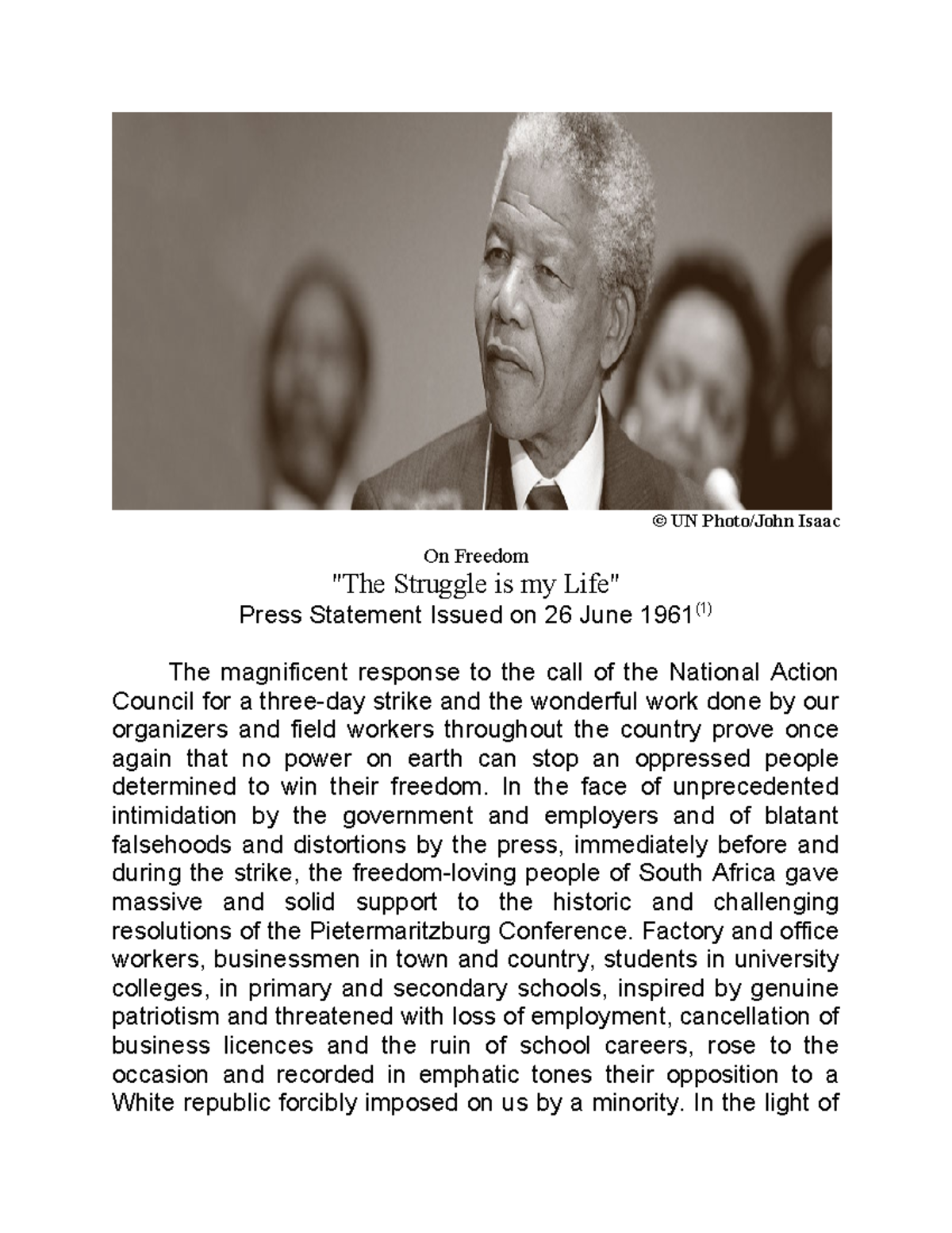 Final Press Statement by Nelson Mandela on Freedom Struggle (26 June ...