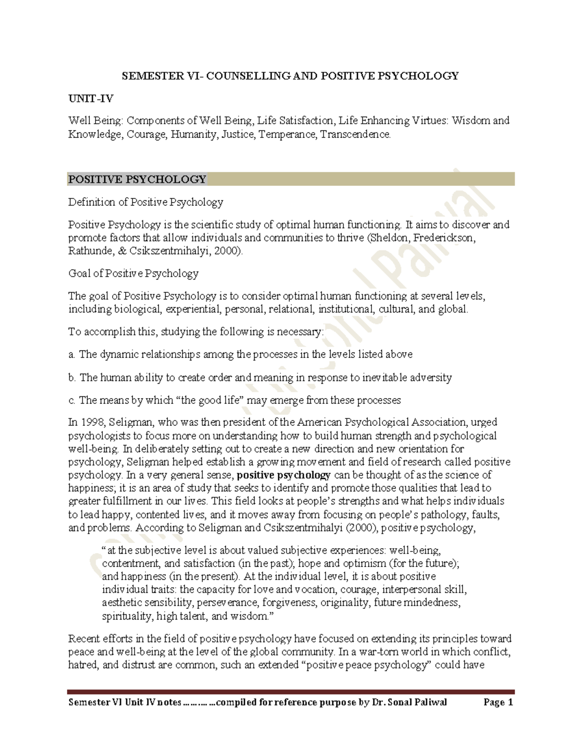 SEM VI - Unit IV: Notes on Well-Being & Positive Psychology - Studocu