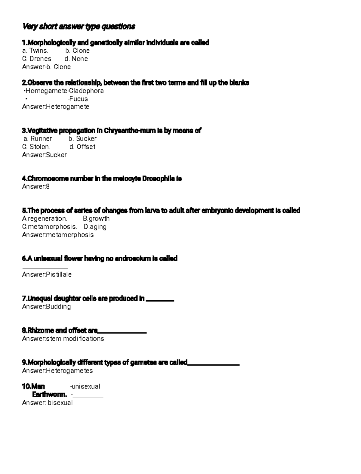 Botany Exam Questions For Plus Two Students - Very short answer type ...