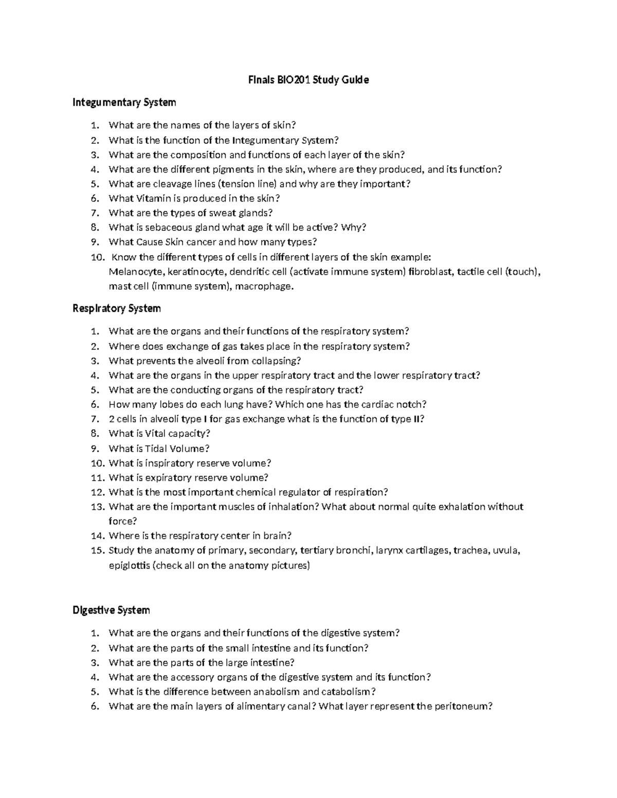 Finals BIO201 Study Guide: Integumentary, Respiratory, Digestive ...