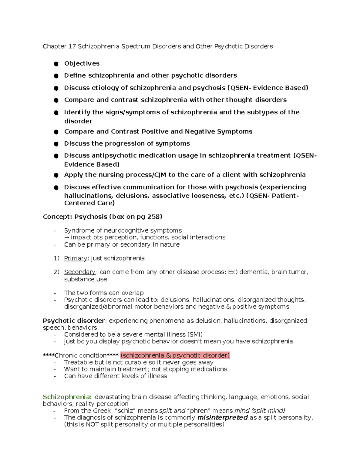 Chapter 17: Exam Notes on Schizophrenia & Psychotic Spectrum Disorders ...