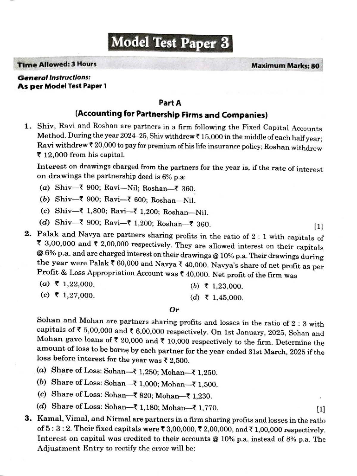 Model Test Paper 3: Accounting for Partnership Firms and Companies ...