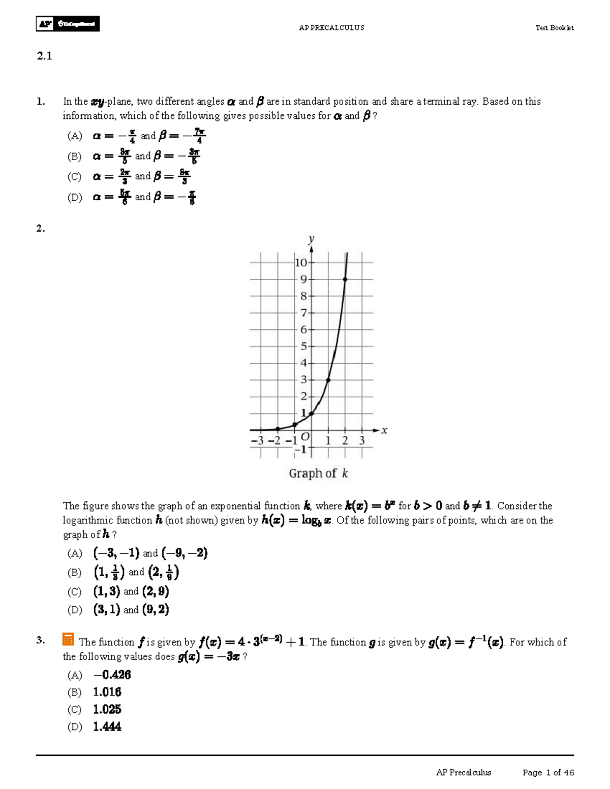 AP Precalculus Test Booklet 2.1 - Comprehensive Review - Studocu