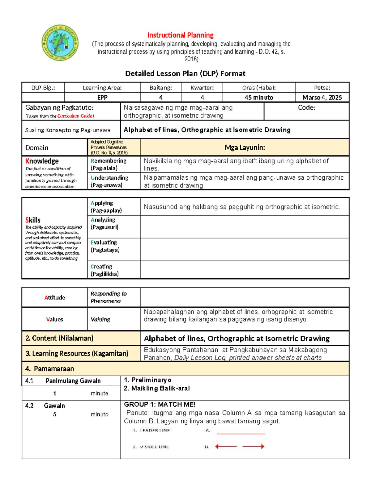 EPP 4th Quarter Lesson Plan: Orthographic & Isometric Drawing - Studocu
