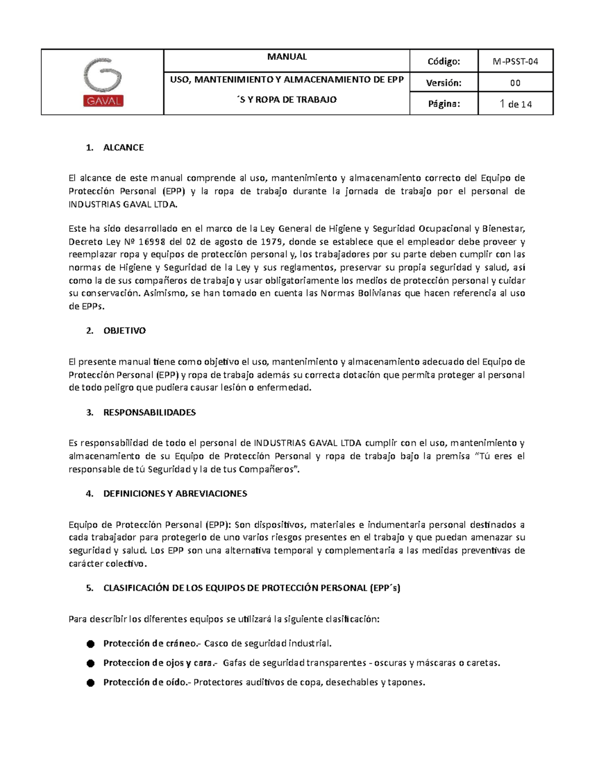 Manual de Uso, Mantenimiento y Almacenamiento de EPP y Ropa GAVAL - Document Preview