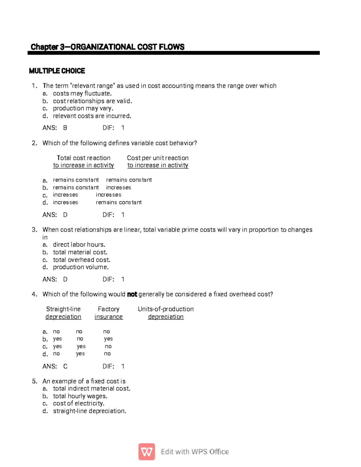Chapter 3 - Organizational Cost Flows: Multiple Choice Questions - Studocu