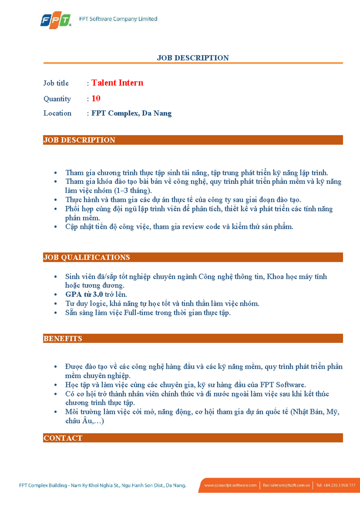 Talent Intern Job Description - FPT Complex, Da Nang - Studocu