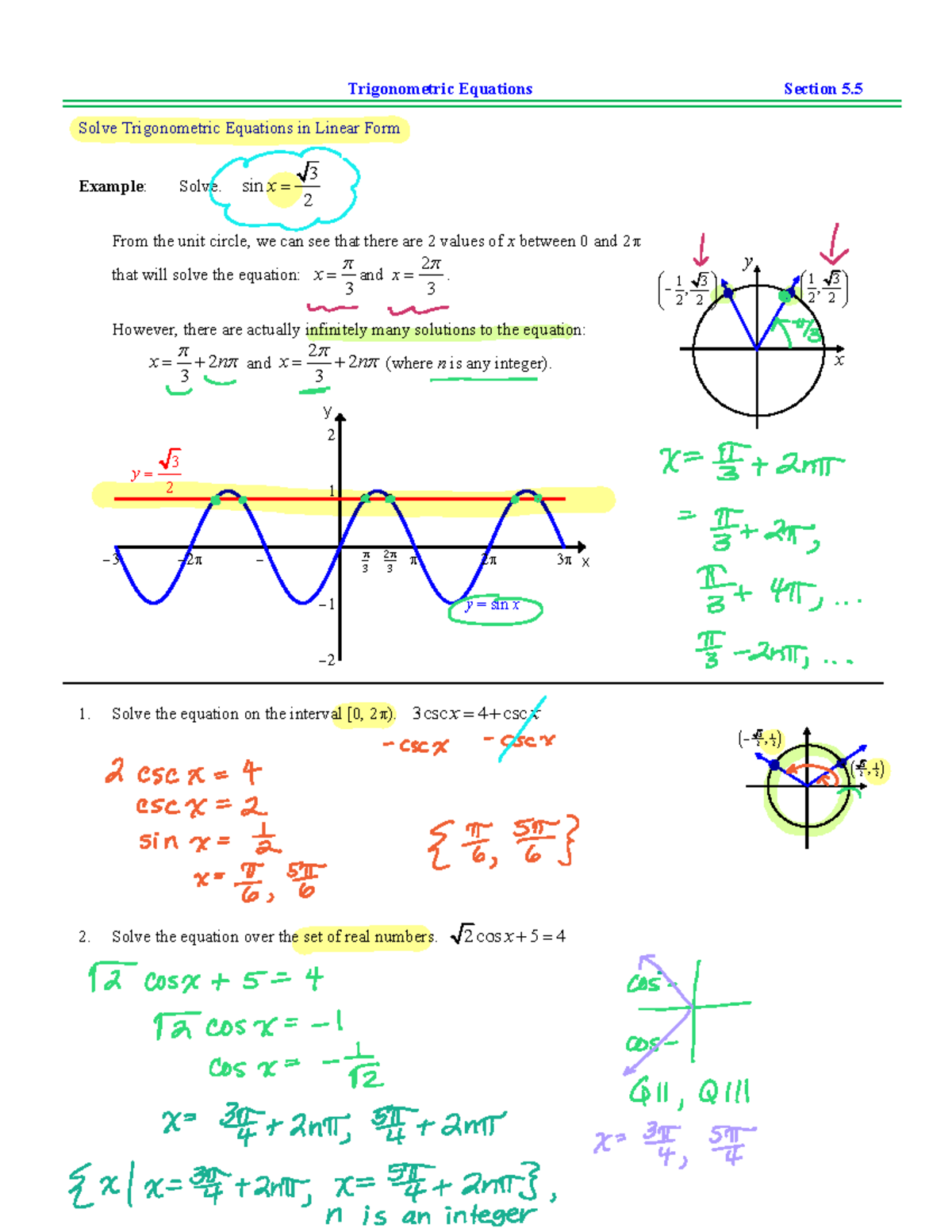 5.5 Notes Completed - Trigonometric Equations Section 5. 5 Solve ...