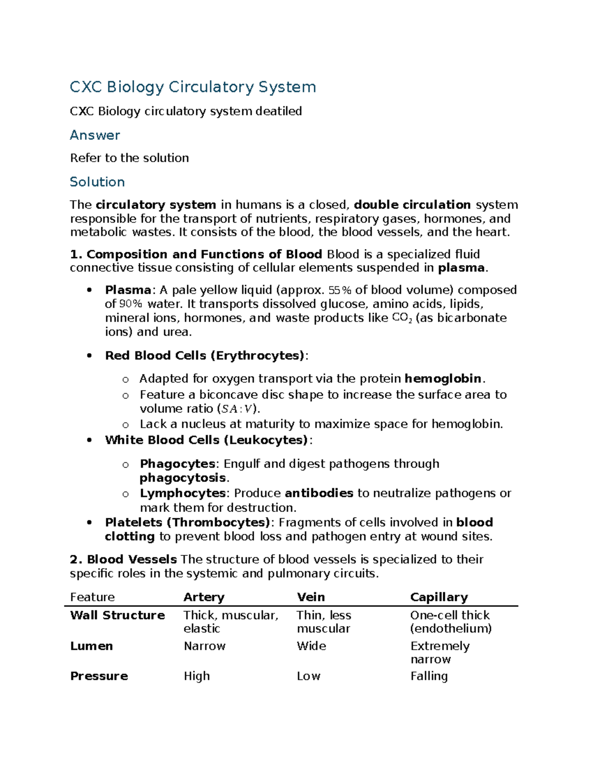 CXC Biology Final Exam Notes: Human Circulatory System Overview - Studocu