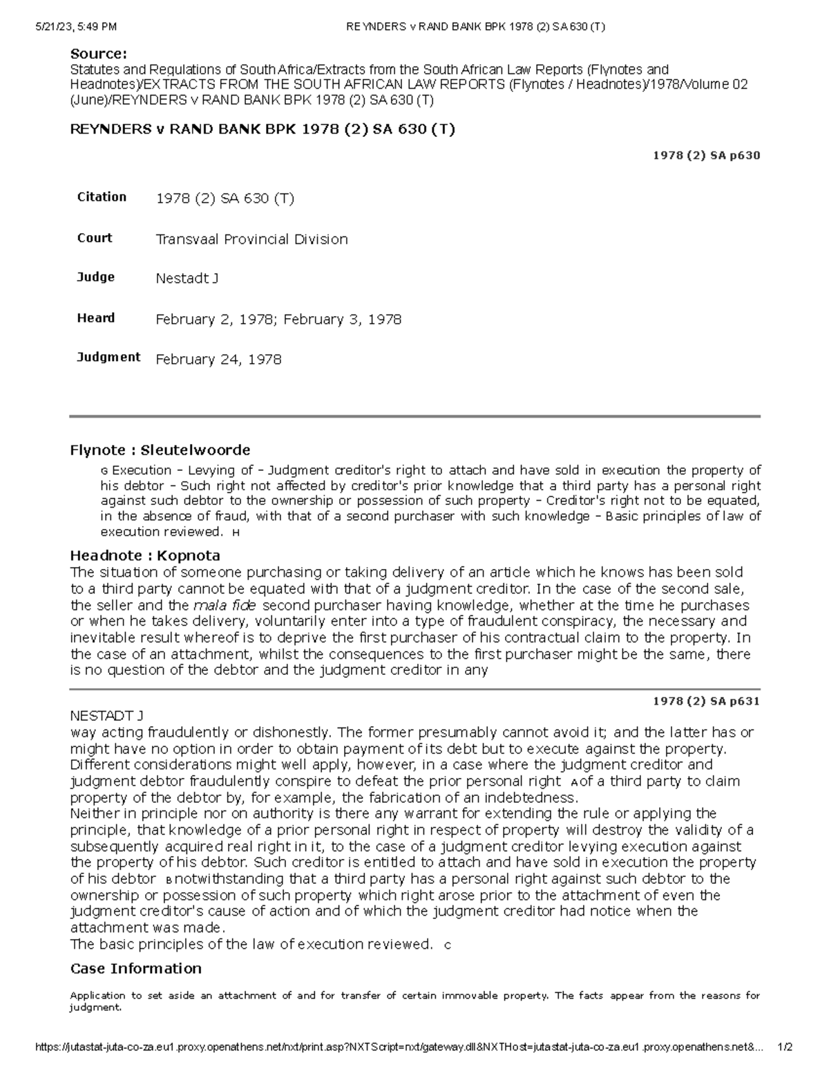 Reynders v RAND BANK BPK 1978 (2) SA 630 (T) - Case Analysis and Key ...