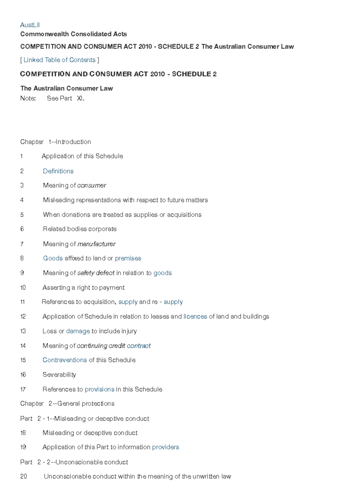 Competition and Consumer Act 2010: Schedule 2 Overview of Australian ...