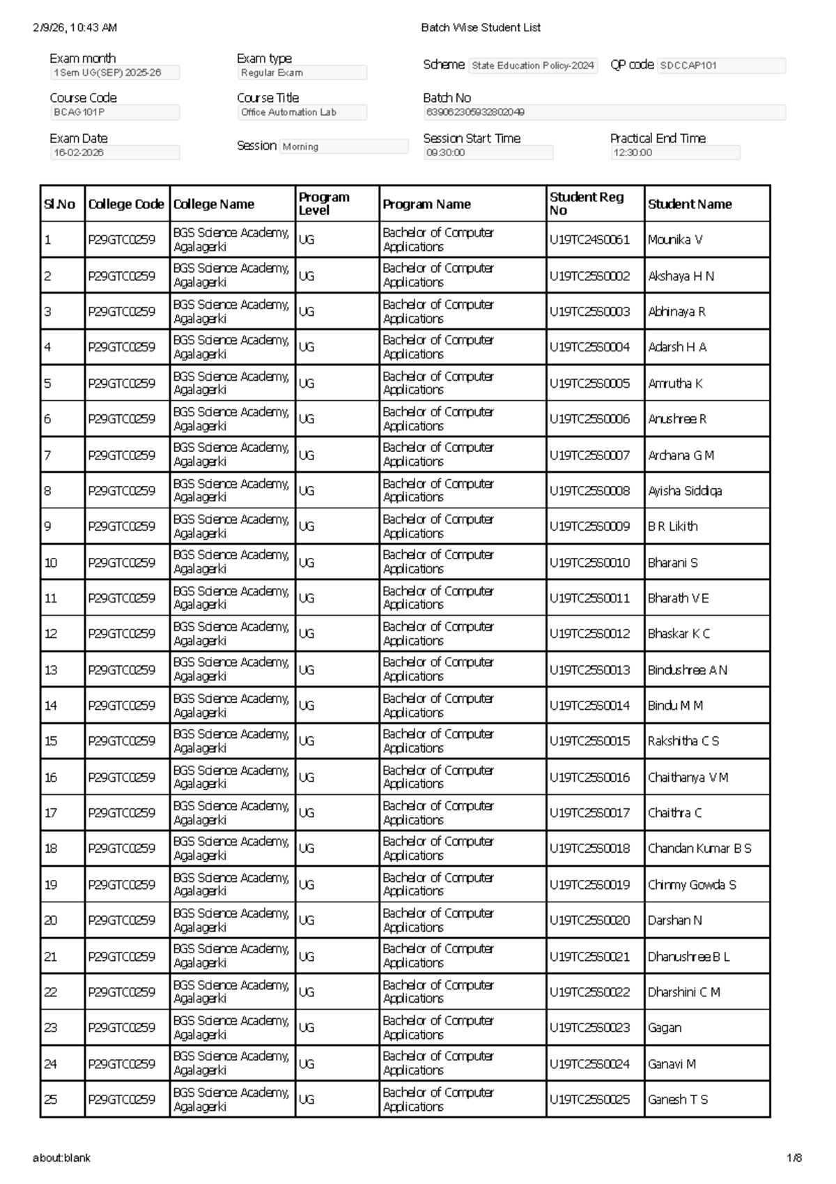 Batch Wise Student List for BCAG101P Office Automation Lab Exam - Studocu