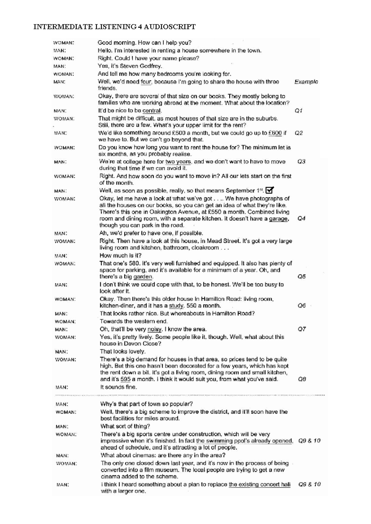 Intermediate Listening 4: Audioscript for House Rental Dialogue - Studocu